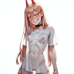 1girl ai_generated blonde_hair breasts chainsaw_man choker demon demon_girl erect_nipples eyebrows eyelashes falewii fangs female female_focus female_only fingers flat_stomach grin hair_between_eyes horns lips long_hair long_shirt looking_at_viewer navel nipples orange_eyes pink_hair power_(chainsaw_man) pussy red_horns ribs see-through see-through_clothing self_upload sharp_teeth simple_background skinny skinny_female smug smug_face solo solo_female solo_focus stomach wet_shirt white_background white_shirt
