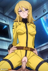 1boy 1boy1girl 1girls ai_generated belt blonde_hair blush bodysuit breasts clothed_sex cum cum_in_pussy female girl_on_top hair_between_eyes hetero hi_res long_hair looking_at_viewer medium_breasts military_uniform patreon_username penis purple_eyes pussy pussy_juice rule34lab sex sex_from_behind solo_focus space space_battleship_yamato space_battleship_yamato_2199 straddling testicles uncensored uniform vaginal vaginal_penetration vaginal_sex yellow_bodysuit yuki_mori