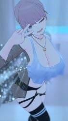 1girls alternate_breast_size black_shirt black_thighhighs blue_eyes blunt_bangs cleavage cookievrc cropped_shirt glitter glitter_dress lapwing_(vrchat) large_breasts looking_at_viewer necklace open_mouth peace_sign purple_hair see-through_clothing see-through_dress sfw short_shorts smile smiling smiling_at_viewer solo solo_female tank_top thighhighs vrchat vrchat_avatar vrchat_media vrchat_model