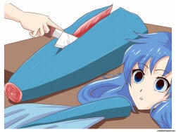 1girl bisected blue_eyes blue_hair cannibalism commentary corpse cutting death decapitation empty_eyes english_commentary guro highres holding holding_knife houshou_hanon houshou_hanon_(mermaid) knife long_hair merfolk merfolk_out_of_environment mermaid mermaid_melody_pichi_pichi_pitch monster_girl out_of_frame severed_head veiled616