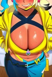 1girls ai_generated big_breasts blush breasts_focus canari_(pokemon) canary_(pokemon) cleavage cleavage_focus dark-skinned_female female female_only game_freak hand_on_hip head_out_of_frame huge_breasts leaning_forward pokemon pokemon_legends:_z-a seductive_smile smile solo_female standing sweaty_body tagme thick_thighs wide_hips