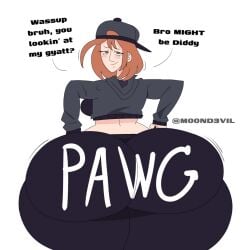 1girls ass booty breasts butt clothed dialogue english_text fanart gen_z_slang green_eyes huge_ass orange_hair pawg sarah_stacy_(dotodonoto) sideways_hat standing text urban_fashion zoomer_slang