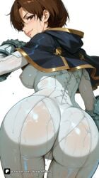 1girl ai_generated artist_name ass ass_focus bangs blue_capelet blush bodysuit breasts brown_eyes brown_hair cameltoe capelet closed_mouth covered_nipples evie_(stellar_blade) freckles from_behind hood huge_ass lips looking_at_viewer looking_back medium_breasts patreon questionable see-through shift_up shiny short_hair simple_background skin_tight smile solo stellar_blade stellar_blade:_blood_rain wet wet_clothes white_background