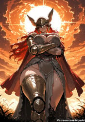 1girl ai_assisted ai_generated armor arms_under_breasts backlighting breast_hold breasts cape cleavage crossed_arms curvaceous curvy curvy_female curvy_figure elden_ring female from_below helmet large_breasts long_hair looking_at_viewer malenia_blade_of_miquella miyuai orange_sky pelvic_curtain red_eyes smile solo standing sun sunset thick thick_ass thick_butt thick_hips thick_legs thick_thighs thighhighs thighs voluptuous voluptuous_female wide_hips wide_thighs