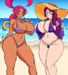 2girls beach belly bikini bikini_bottom bikini_top blackchaos64 braided_hair breasts cameltoe color_edit colored colored_sketch dark-skinned_female dark_skin earrings g-string genie genie_girl hourglass_figure jacket jewelry large_breasts light-skinned_female light_skin lurking_judgement merlina micro_bikini navel necklace ocean pink_hair pointy_ears purple_swimsuit sand self_upload shahra sonic_(series) sonic_and_the_black_knight sonic_and_the_secret_rings sonic_the_hedgehog_(series) staring_at_viewer sun_hat surprised surprised_expression swimsuit swimwear thick_thighs voluptuous water