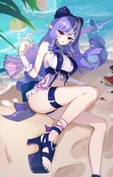 1girls breasts cameltoe colored_nails drill_hair exposed_breasts feet female female_only high_heels hoyoverse long_hair long_nails mihoyo official_alternate_costume painted_nails painted_toenails purple_hair purple_nails red_eyes swimsuit thick_thighs vivian_banshee vivian_banshee_(iris_of_the_shore) white_swimsuit zenless_zone_zero