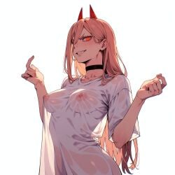 1girl ai_generated breasts chainsaw_man choker demon demon_girl erect_nipples eyebrows eyelashes falewii fangs female female_focus female_only fingers grin hair_between_eyes horns lips long_hair long_shirt looking_at_viewer nipples orange_eyes pink_hair power_(chainsaw_man) red_horns see-through see-through_clothing self_upload sharp_teeth simple_background smug smug_face solo solo_female solo_focus wet_shirt white_shirt