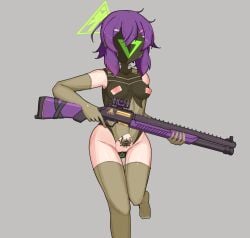 1girl ainagi alternate_costume alternate_halo bar_censor bare_shoulders blue_archive breast_cutouts breasts censored commentary_request corruption elbow_gloves fabarm_fp6/sdass gloves green_thighhighs grey_background gun hair_ornament hairclip halo haruka_(blue_archive) holding holding_gun holding_weapon kaiser_pmc_(blue_archive) leotard mask medium_hair nipple_cutout nipples non-web_source object_insertion pubic_tattoo pump_action purple_hair purple_halo pussy rifle sex_toy shotgun simple_background small_breasts solo standing standing_on_one_leg tattoo thighhighs trigger_discipline variant_set weapon