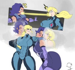 blizzard_entertainment blonde_hair blue_eyes body_swap bodysuit crossover curvy_figure dark-skinned_female dominant_female femdom huge_ass huge_breasts interracial metroid muscular_female nintendo onat overwatch purple_hair samus_aran smirk smug sombra submissive_female thick_thighs toned_female yuri