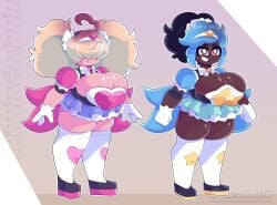 2girls ava_valentine_(awesomensfw) awesomensfw big_breasts black_hair blonde_female blonde_hair blue_hair breast_squeeze breasts brown_eyes clothed dark-skinned_female dark_skin hair_covering_eyes height_chart highres huge_breasts lanna_rosalynn_(awesomensfw) light-skinned_female light_skin lineup magical_girl magical_girl_outfit multicolored_hair original_character