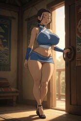 1girls 2026 2d ai_generated aistuffo avatar_the_last_airbender bangs bare_shoulders belly belly_button blue_eyes breasts clothed curvy curvy_figure exposed_pussy female female_only heels hips hips_wider_than_shoulders indoors katara large_breasts legs looking_at_viewer miniskirt nipple_bulge ponytail pussy pussy_peek slim_waist standing thick_thighs thighs uncensored vagina