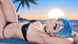 1girls 2d 2d_(artwork) ai_assisted ai_generated bikini bikini_top blue_eyes blue_hair breasts digital_drawing_(artwork) digital_media_(artwork) eve_(summertime_saga) female female_focus female_only hi_res high_quality high_resolution highres laying_down laying_on_back light-skinned_female light_skin looking_at_viewer palm_tree small_breasts smile smiling summertime_saga sunrise teenage_girl teenager thick_thighs two-tone_hair wienergens