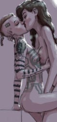 2girls ass big_breasts bioware breast_size_difference breasts butt enemies_to_lovers female female_only fingering flat_chest flat_chested jack_(mass_effect) kissing lesbian mass_effect miranda_lawson nipples nude pistaccio small_breasts tattoo
