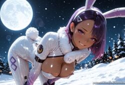 1girl ai_generated animal_ears bangs bent_over blush bodysuit breasts cleavage covered_nipples dark-skinned_female dark_skin fake_animal_ears fake_tail full_moon grin hair_ornament hairclip kermixx large_breasts looking_at_viewer makeup mole mole_on_breast mole_under_eye moon night night_sky outdoors overwatch purple_eyes purple_hair rabbit_ears rabbit_tail shiny shiny_clothes shiny_skin short_hair sky smile snow snowing solo sombra star sweat tail tree
