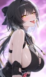 ai_generated big_breasts black_hair blush breasts female_rover_(wuthering_waves) long_hair rover_(wuthering_waves) sideboob sleeveless sweat sweating tongue tongue_out wuthering_waves yellow_eyes