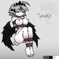 alice_(fundamental_paper_education) angel_wings bdsm big_boobs binding black_wings boobs emo emo_girl emo_hair female female_only fpe fundamental_paper_education orgasm red_eyes_female sad_face shackled sitting solo sweat tiara wings