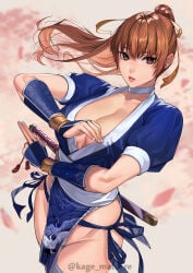 1girls big_breasts breasts breasts_out brown_eyes brown_hair dead_or_alive exposed_breasts female japanese_clothes kagematsuri kasumi_(doa) kunoichi large_breasts long_hair ninja ponytail thighhighs underwear white_thighhighs white_underwear