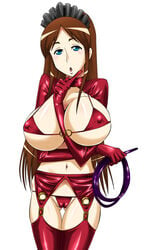 blue_eyes bra breasts brown_hair cameltoe erect_nipples hinoki hiyorimi_sawawa huge_breasts kaibutsu_oujo monster_princess panties princess_resurrection sawawa_hiyorimi stockings whip