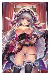 1girl :o bare_shoulders black_thighhighs blue_eyes blunt_bangs blush border bow bow_panties breasts breasts_out clothes_lift collarbone cowboy_shot curtains fingernails flower frilled_thigh_strap gothic_lolita grey_hair groin hair_between_eyes hair_flower hair_ornament hairband highres indoors japanese_clothes large_breasts legs_apart lifting_own_clothes lolita_fashion lolita_hairband long_hair long_sleeves looking_at_viewer nail_polish nipples open_mouth original panties panty_pull pink_nails purple_flower purple_rose rose side-tie_panties sidelocks skirt skirt_lift solo sorimura_youji standing string_panties thigh_strap thighhighs underwear very_long_hair white_border white_panties window