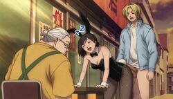 2boys age_difference black_hair blonde_hair bunny_ears bunnysuit cheating cheating_wife doggy_style fishnet_stockings fishnets hair_bun outdoors outside sakamoto_aoi sakamoto_days sleeping taken_from_behind unaware unaware_sex wife