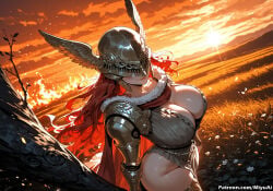 1girl ai_assisted ai_generated angel_wings armor backlighting breasts cape cleavage cloud covered_eyes curvaceous curvy curvy_female curvy_figure elden_ring feathered_wings feathers female head_wings helmet large_breasts long_hair malenia_blade_of_miquella miyuai orange_sky outdoors red_hair shiny shoulder_armor sky solo sun sunset thick thick_ass thick_butt thick_hips thick_legs thick_thighs voluptuous voluptuous_female wide_hips wide_thighs wings