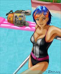 astromech_droid beach black_clothing black_swimsuit blue_hair breasts chopper_(star_wars) cleavage clothed clothing colored_hair dastigy droid float happy looking_at_viewer lying lying_on_side medium_breasts multicolored_hair one-piece_swimsuit outdoors pool railing robot sabine_wren sand smile standing star_wars star_wars_rebels swimsuit water wet