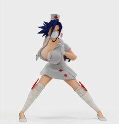 1girls 3d animated big_breasts blue_hair bouncing_breasts breasts cleavage clothed clothes clothing female female_only fighting_stance full_body gif huge_breasts human human_only humanoid large_breasts nurse nurse_cap nurse_uniform red_eyes skullgirls solo solo_female t_time(artist) top_heavy valentine_(skullgirls)