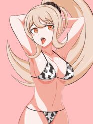 1girls bra breasts cow_print danganronpa danganronpa_2:_goodbye_despair hands_behind_head long_hair milliani panties saionji_hiyoko solo straight_hair tongue_out