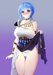 1girls alternate_costume bare_legs bare_shoulders blue_hair brown_eyes dancer dancer_(three_houses) embarrassed fire_emblem fire_emblem:_three_houses frown large_breasts lifted_by_self marianne_von_edmund medium_hair nintendo panties partially_visible_vulva pelvic_curtain pelvic_curtain_lift presenting presenting_panties short_hair solo solo_female tara_(szzj7733) unamused upskirt white_panties