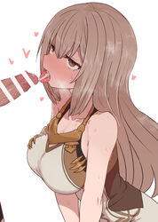 2021 aim_(megido72) bar_censor bare_arms bare_shoulders blush breasts brown_eyes brown_hair censored collarbone cum cum_in_mouth dress ejaculation erection female heart jitome large_breasts long_hair looking_up megido72 nose_blush open_mouth penis simple_background sleeveless sleeveless_dress solo sumiyao_(amam) sweat tongue tongue_out upper_body v_arms white_background