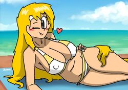 1girls beach belly_button big_breasts bikini breasts huge_breasts juanila_(writers_crusaders) large_breasts laying_on_side poking_out solo_female striped_bikini thick_thighs tongue_out wcjuan wink writers_crusaders yellow_bikini yellow_hair