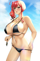 1girls 2021 azur_lane bare_shoulders belly big_breasts bikini bikini_bottom bikini_bottom_pull bikini_top black_bikini black_bikini_bottom black_bikini_top blush breasts brown_eyes condom condom_in_hand condom_wrapper covered_nipples eyebrows eyebrows_visible_through_hair eyelashes female female_focus female_only huge_breasts karakari navel red_hair sardegna_empire_(azur_lane) side_ponytail simple_background solo standing sweatdrop unopened_condom_wrapper zara_(azur_lane)