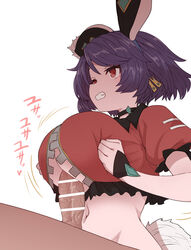 animal_ears bar_censor black_choker black_hair breast_squeeze breasts censored choker crop_top erection fake_animal_ears female frilled_shirt frills grin groin hairband highres large_breasts looking_at_another megido72 midriff minoson_(megido72) motion_lines navel paizuri partially_unzipped penis red_eyes red_shirt shirt short_hair short_sleeves simple_background smile solo stomach sumiyao_(amam) tail underboob veins veiny_penis white_background