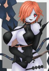 1boy 1girls bare_thighs breasts censored female fire_emblem fire_emblem:_three_houses hair_over_one_eye huge_breasts knife kronya_(fire_emblem) male medium_hair nintendo open_mouth open_smile orange_hair paizuri partially_visible_vulva red_eyes roaamuje sideboob smile solo_focus straight weapon