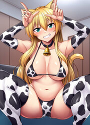 1girls animal_ears bell_collar bikini blonde_hair blush breasts cat_ears cat_tail cleavage collar cow_print cow_print_bikini fangs green_eyes grin navel nokoppa original solo spread_legs squatting tagme tail thighhighs