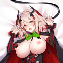 1:1_aspect_ratio azur_lane bangs bed black_cape black_sleeves blonde_hair blush bow bowtie breasts brown_eyes cape claw_pose corset cross-laced_clothes dakimakura detached_sleeves embarrassed eyebrows_visible_through_hair female fingernails frilled_sleeves frills furrowed_eyebrows green_neckwear halloween_costume headgear idol kl501 large_breasts light_blush long_fingernails looking_at_viewer lying multicolored_hair nail_polish nipples oerba_yun_fang on_bed open_mouth red_cape red_hair red_nails roon_(azur_lane) short_hair solo streaked_hair striped two-sided_cape two-sided_fabric underbust vertical_stripes wardrobe_malfunction