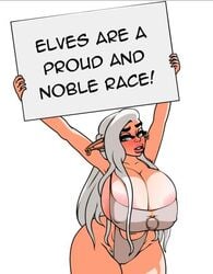 1girls areola_slip big_ass big_breasts big_nipples blonde_hair breast_squish breasts bursting_breasts elf elf_ears elf_female english_text eyebrows female female_only gigantic_breasts green_eyes hairy_pussy holding_sign huge_ass huge_breasts huge_cleavage impossible_clothes long_breasts long_cleavage long_hair nipple_bulge o-ring pink_areola plump_lips pointy_ears scolexxx sideboob sign skimpy_clothes solid_color_background solo text thick_thighs white_background white_hair