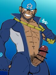 1boy 41raco abs archie_(pokemon) ball_bulge bar_censor bara beard black_eyes blue_bandana blue_bodysuit bodysuit boner brown_hair censored cowboy_shot dark-skinned_male dark_skin erection facial_hair flat_color highres kirupi male_cleavage male_focus male_only male_pubic_hair mature_male muscular muscular_male navel navel_hair nipples open_bodysuit pectorals penis pokemon pokemon_(game) pokemon_oras pubic_hair short_hair solo stomach team_aqua thighs veins veiny_penis wetsuit