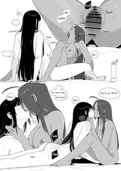 ... 2girls ? ahoge ass bar_censor blush breasts censored closed_eyes commentary_request completely_nude dark-skinned_female dark_skin dildo double_dildo ear_blush english_text eyebrows_visible_through_hair feet female_commander_(girls'_frontline) female_pubic_hair french_kiss girls'_frontline greyscale hair_over_eyes highres huqu kissing lee-enfield_(girls'_frontline) legs long_hair monochrome multiple_girls nude pubic_hair sex sex_toy sitting speech_bubble spoken_ellipsis sweat toes vaginal_penetration very_long_hair yuri