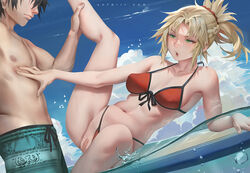 1boy bangs bare_shoulders bikini black_hair blonde_hair blue_sky blush braid breasts censored cleavage collarbone fate/grand_order fate_(series) female french_braid fujimaru_ritsuka_(male) green_eyes green_shorts hair_ornament hair_scrunchie long_hair lying medium_breasts mordred_(fate) mordred_(fate)_(all) mordred_(swimsuit_rider) mosaic_censoring navel ocean on_side open_mouth parted_bangs ponytail prydwen_(fate) pussy red_bikini scrunchie short_hair shorts sidelocks sky spread_legs straight surfboard swimsuit unfairr water