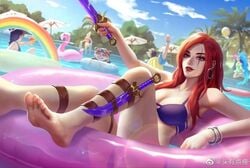 artist_request bikini facial_scar feet foot_fetish katarina_du_couteau knife league_of_legends pool_party red_hair scar swimsuit water weapon