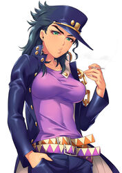 1girls belt black_hair breasts chains coat cowboy_shot female female_jotaro genderswap_(mtf) green_eyes hand_in_pocket hand_up hat highres holding human jojo's_bizarre_adventure jotaro_kujo large_breasts light-skinned_female light_skin long_hair long_sleeves looking_at_viewer multiple_belts open_clothes open_coat pants parted_lips peaked_cap purple_coat purple_pants purple_shirt rule_63 shirt shounen_jump simple_background solo stardust_crusaders tora_ryū white_background