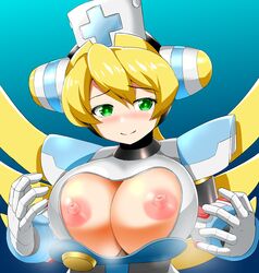 1girls android big_breasts blonde_hair blush cinnamon_gaudille exposed_breasts female green_eyes mega_man mega_man_x nurse nurse_cap robot_girl smile solo ssukiyakikurabu_(artist) tagme upper_body