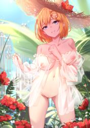 1girls bangs blonde_hair blue_eyes blush breasts collarbone faicha female flower hair_ornament hat hat_flower hololive hololive_english hololive_myth large_breasts long_sleeves looking_at_viewer monocle_hair_ornament navel nipples pussy see-through sheer_clothes short_hair smile solo straw_hat thighs uncensored virtual_youtuber watson_amelia