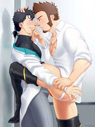 2boys alternate_hair_length alternate_hairstyle arm_grab bara black_hair blue_eyes boots brown_hair bulge eye_contact facial_hair fate/grand_order fate_(series) fujimaru_ritsuka_(male) gay goatee hand_on_another's_head highres imminent_kiss imminent_sex jockstrap knee_boots labcoat long_sideburns looking_at_another male male_cleavage male_focus male_only mature_male multiple_boys muscular muscular_male napoleon_bonaparte_(fate) no_pants off_shoulder pants partially_unbuttoned pectorals red_underwear short_hair sideburns sleeves_rolled_up suzuki80 thick_thighs thighs underwear wall_slam white_pants yaoi