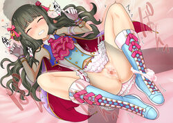 1boy anus ass black_hair blush boots bow bracelet censored closed_eyes clothed_sex commission eyebrows eyebrows_visible_through_hair female female_orgasm fujii_tomo gloves hair_ornament hairbow holding idolmaster idolmaster_cinderella_girls jewelry knees long_hair mosaic_censoring navel orgasm panties panties_around_one_leg pussy sex skeb_commission skirt spread_legs straight sweat teeth underwear urokozuki vaginal_penetration