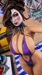 1girls 3d 3d_(artwork) beach big_ass big_breasts bikini borderlands borderlands_3 brown_hair curvy facepaint female_only mad_moxxi milf red_lipstick shiny_skin solo solo_female source_filmmaker thick_thighs venom_rhys wide_hips