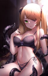 absurdres backlighting bare_arms bare_shoulders black_bra black_panties black_ribbon blonde_hair blush bra breasts cleavage collarbone cum cum_in_mouth cum_on_body cum_on_breasts cum_on_fingers eyepatch female fischl_(genshin_impact) floral_print genshin_impact green_eyes hair_ribbon highres lace-trimmed_bra lace_trim large_breasts long_hair looking_at_viewer nail_polish navel one_eye_covered open_mouth panties print_bra purple_nails ribbon side-tie_panties sitting skindentation solo stomach tentacle two_side_up underwear underwear_only very_long_hair xing_jun