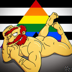 1boy ass bald bald_man balding bara beard body_hair dilf fabfelipe facial_hair feet gay_pride ginger ginger_hair groundskeeper_willie hairy_arms hand_on_head hand_on_own_head human human_only legs_up lgbt_pride_colors lying lying_on_stomach male male_focus male_only manly muscles muscular muscular_male naked nude nude_male one_eye_closed pecs red_beard red_hair solo solo_focus solo_male suggestive the_simpsons thick_eyebrows unibrow wink winking winking_at_viewer yellow_body yellow_skin