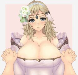 1girls alternate_costume bare_shoulders blonde_hair bride cleavage collarbone fire_emblem fire_emblem_fates grey_hair hair_flower hand_holding head_tilt huge_breasts long_hair looking_at_viewer nintendo ophelia_(fire_emblem) pov pov_hands roaamuje simple_background smile solo_female solo_focus wedding_dress